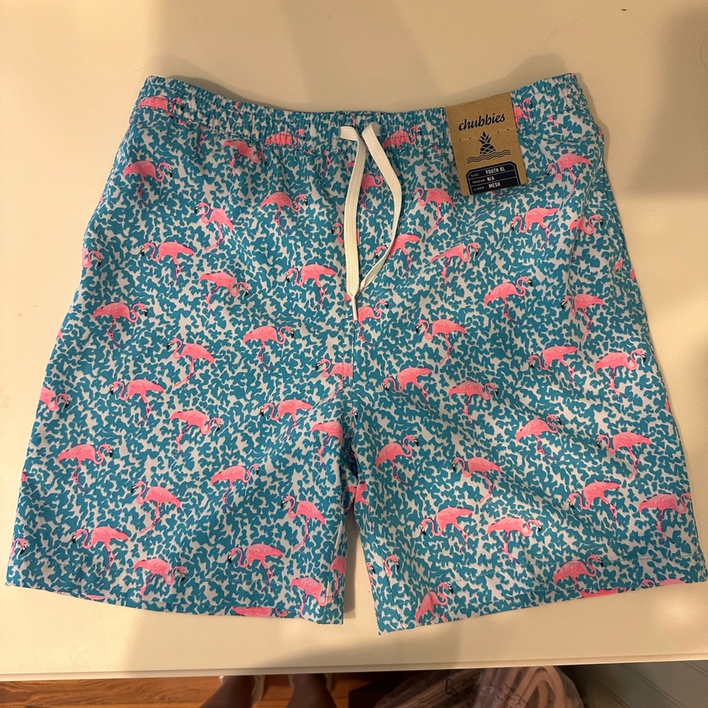 Chubbies Blue and Pink Swim Trunks with Flamingo Design